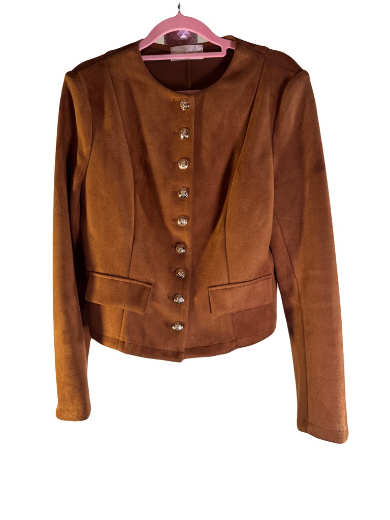 James Cognac Faux Suede Button Down Jacket Size Medium Silver Crest Buttons
